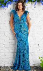 Jovani 38758 - Feather Sequined Long Gown - detail view