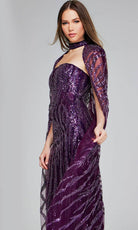 Jovani 39046 - Patterned Sequin Long Cape Evening Gown - detail view
