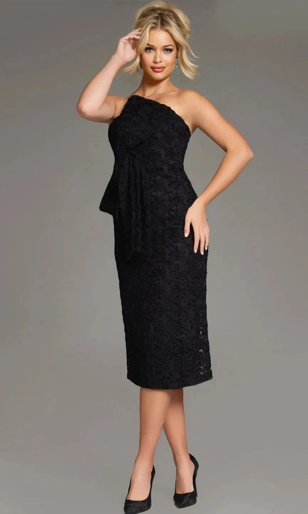 Jovani 39076 - Floral One-Shoulder Midi Sheath Dress - designer formal gown at Silhouette Dresses