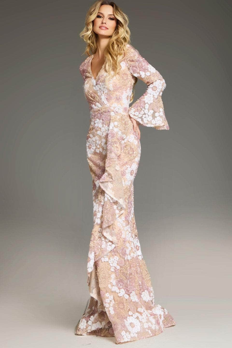 Jovani 39118 - Flared Sleeves Floral Embroidered Prom Gown - detail view