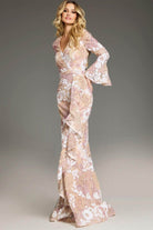 Jovani 39118 - Flared Sleeves Floral Embroidered Prom Gown - detail view