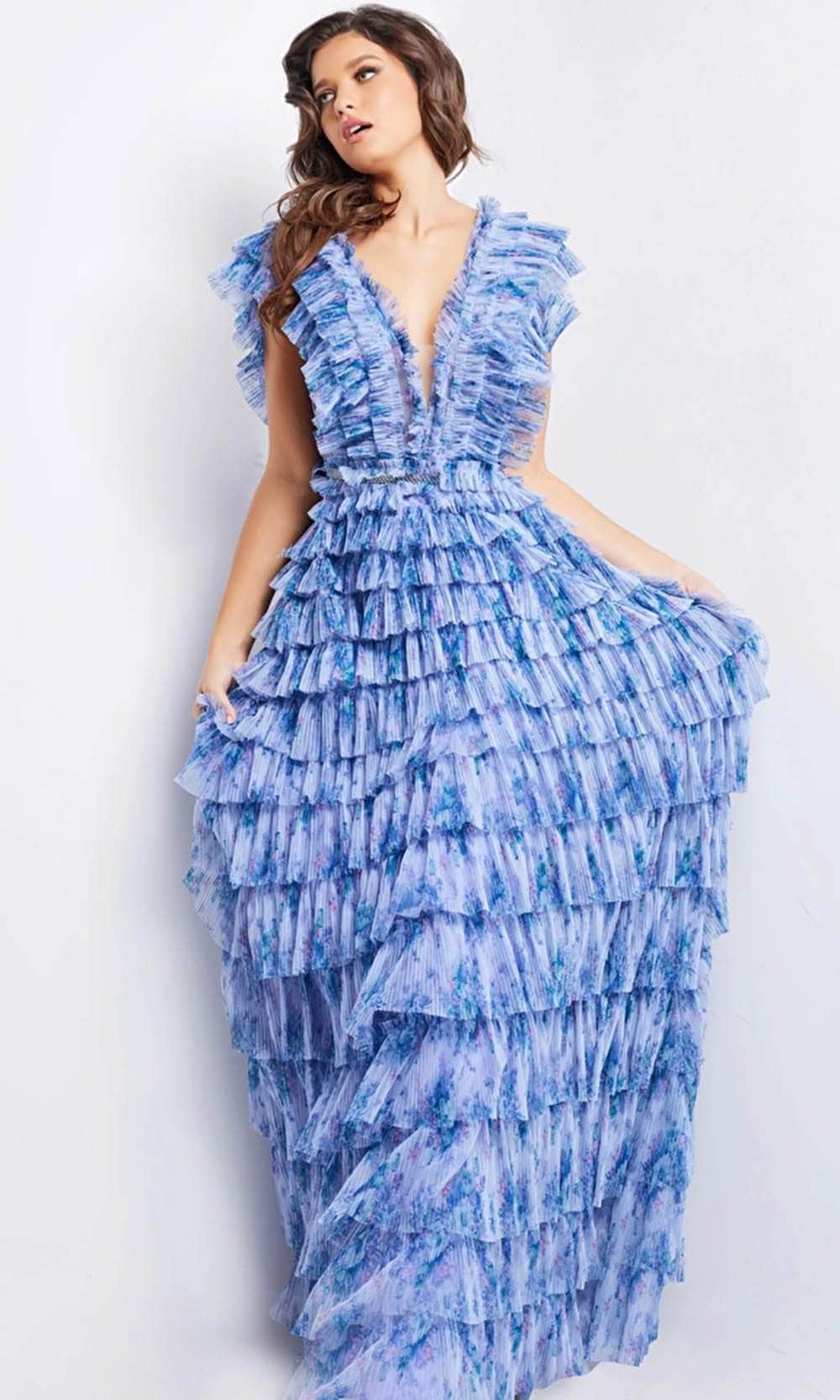 Jovani 39143 - Sheer V-Neck Tiered Long Dress - back view