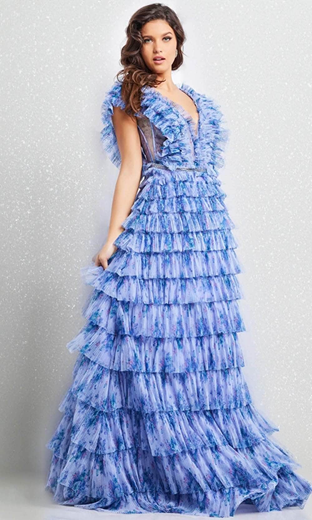Jovani 39143 - Sheer V-Neck Tiered Long Dress - designer evening gown at Silhouette Dresses