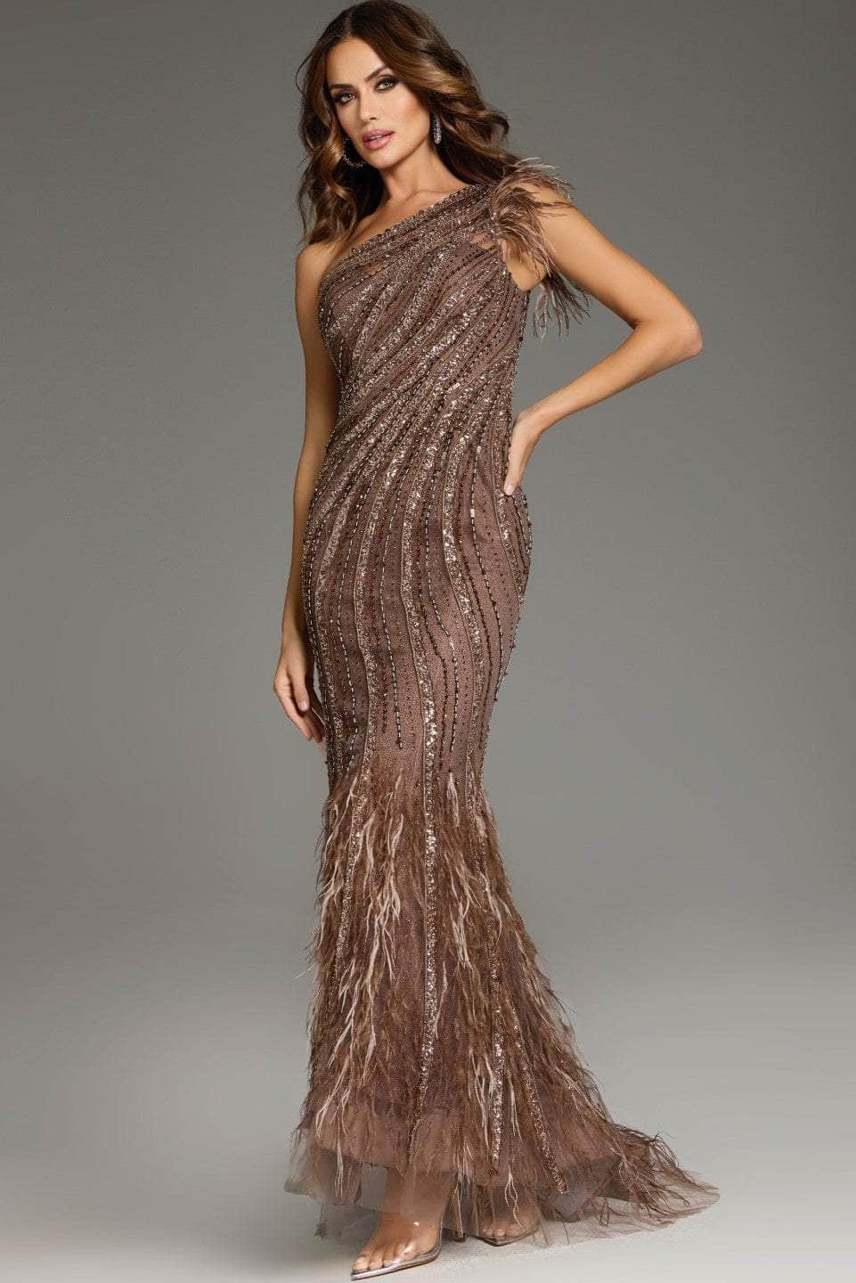 Jovani 39170 - One-Shoulder Feather Detailed Prom Gown - back view