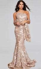 Jovani 39267 - Asymmetric Floral Appliqued Evening Gown - detail view