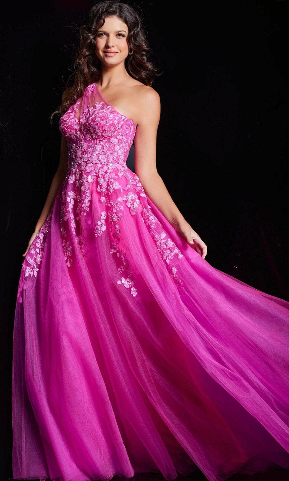 Jovani 39318 - Floral Asymmetrical Prom Dress - detail view