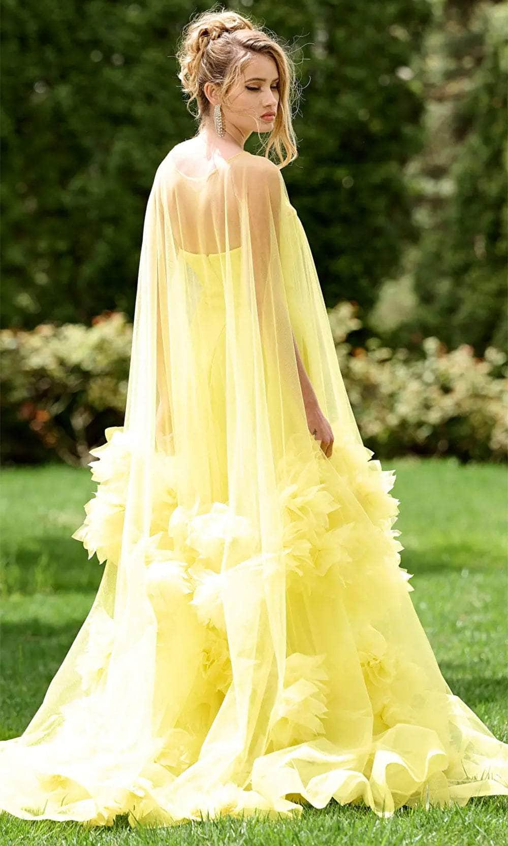 Jovani 40092 - Floral Appliqued Cape Evening Gown - detail view