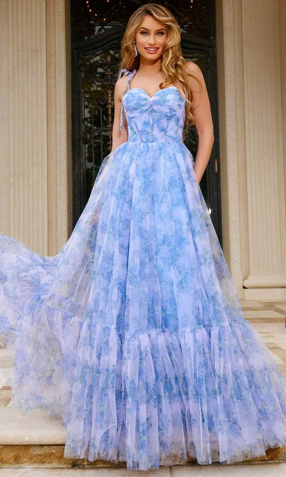 Jovani 40432 - Tie Straps Floral Print Prom Gown - back view