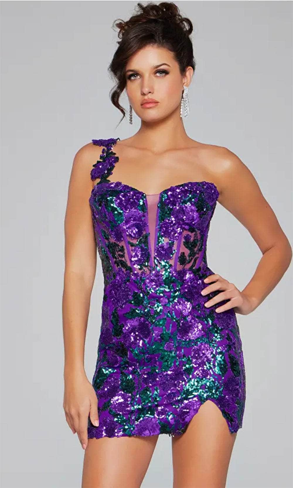 Jovani 40647 - One-Shoulder Sheer Corset Bodice Cocktail Dress - designer cocktail dress at Silhouette Dresses
