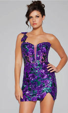 Jovani 40647 - One-Shoulder Sheer Corset Bodice Cocktail Dress - designer cocktail dress at Silhouette Dresses