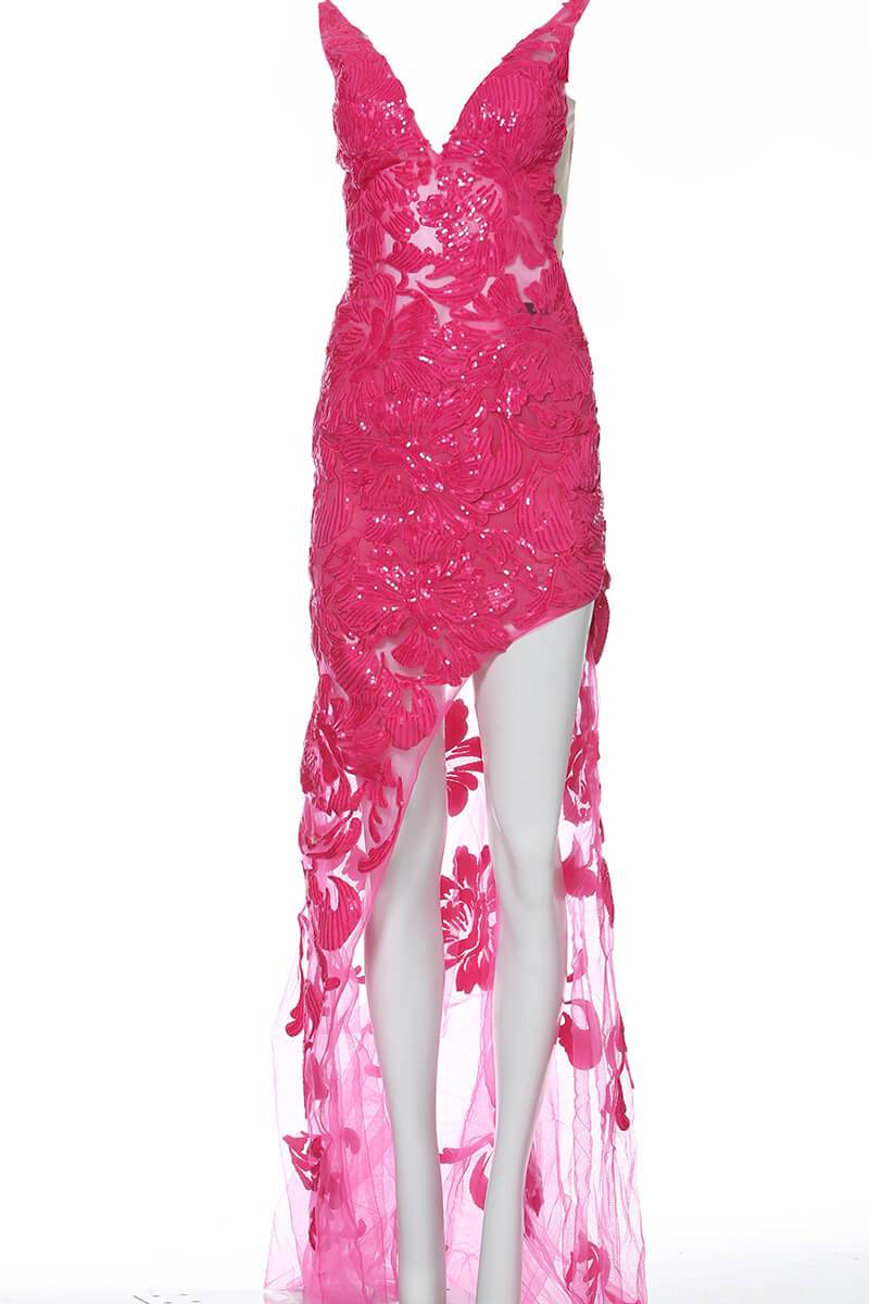 Jovani - 4084 Floral Sequin Appliqued Fitted High Low Prom Dress - view 4