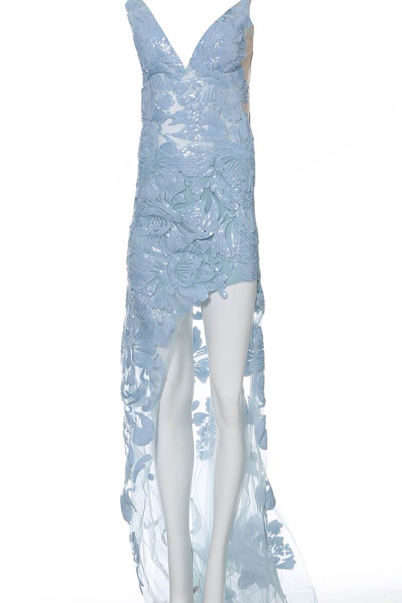 Jovani - 4084 Floral Sequin Appliqued Fitted High Low Prom Dress - view 8