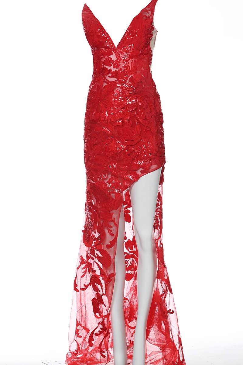 Jovani - 4084 Floral Sequin Appliqued Fitted High Low Prom Dress - view 5
