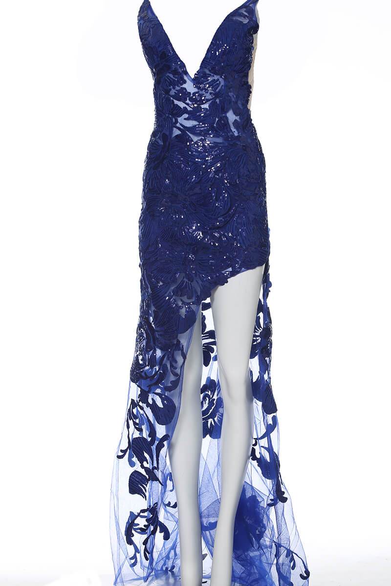Jovani - 4084 Floral Sequin Appliqued Fitted High Low Prom Dress - view 6