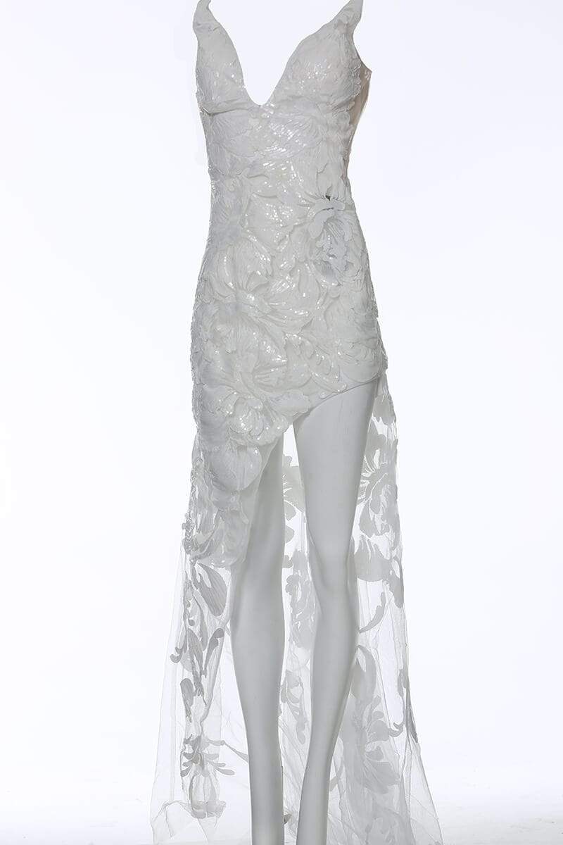 Jovani - 4084 Floral Sequin Appliqued Fitted High Low Prom Dress - view 10