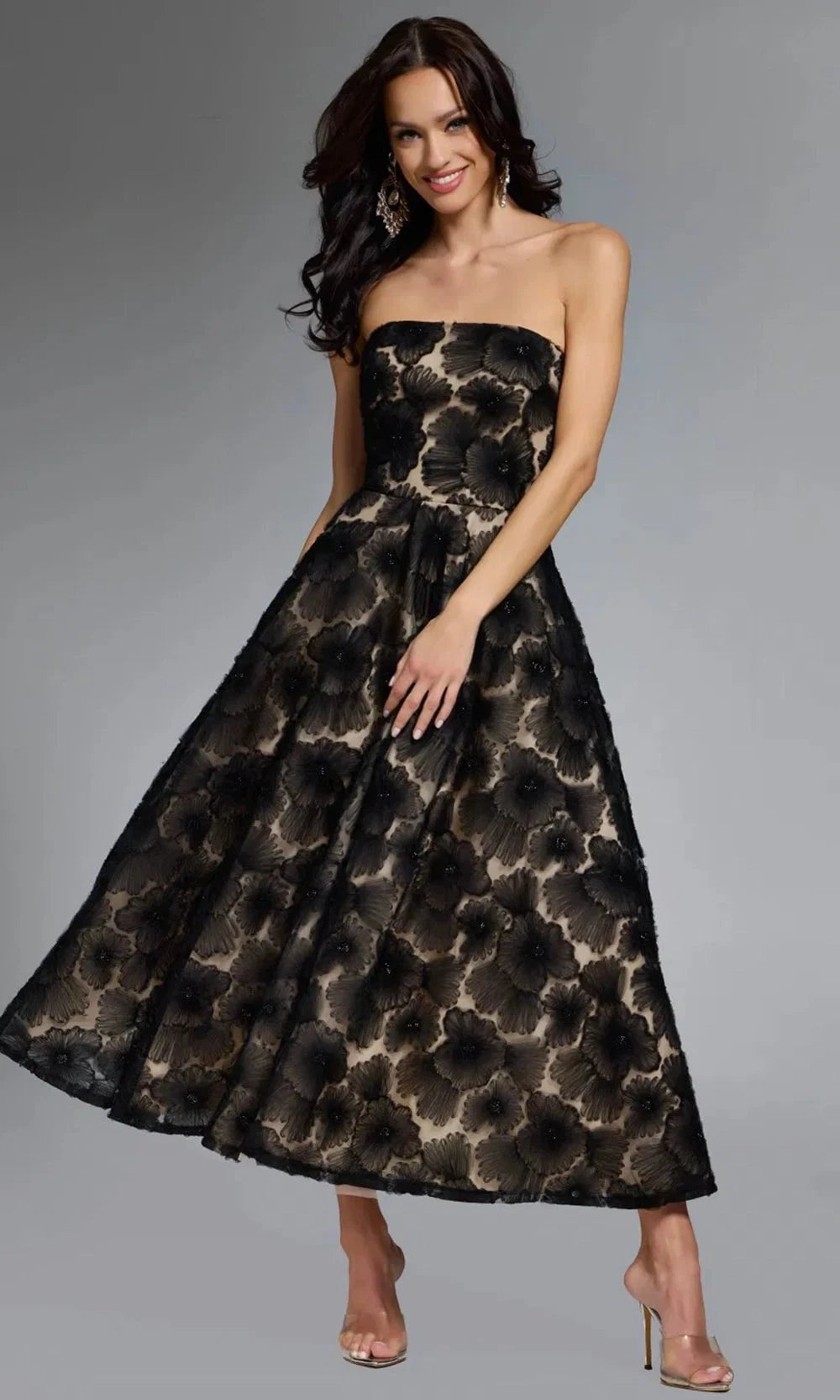 Jovani 41187 - Strapless Floral Embroidered Tea-Length Dress - detail view