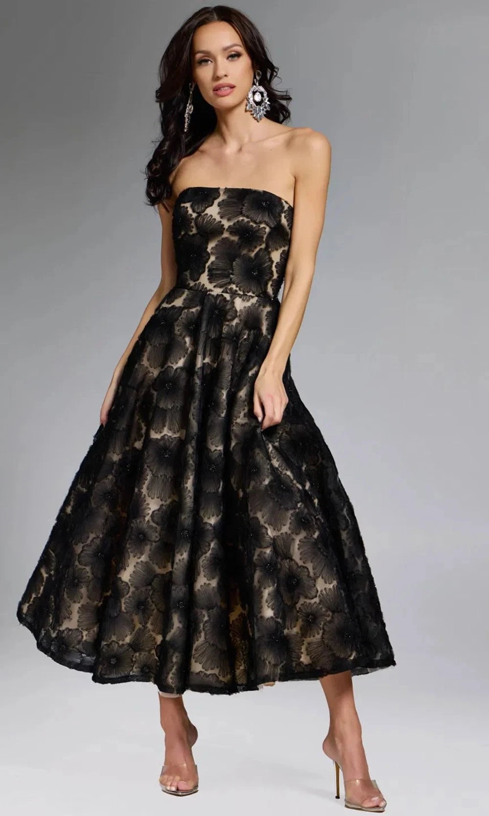 Jovani 41187 - Strapless Floral Embroidered Tea-Length Dress - back view