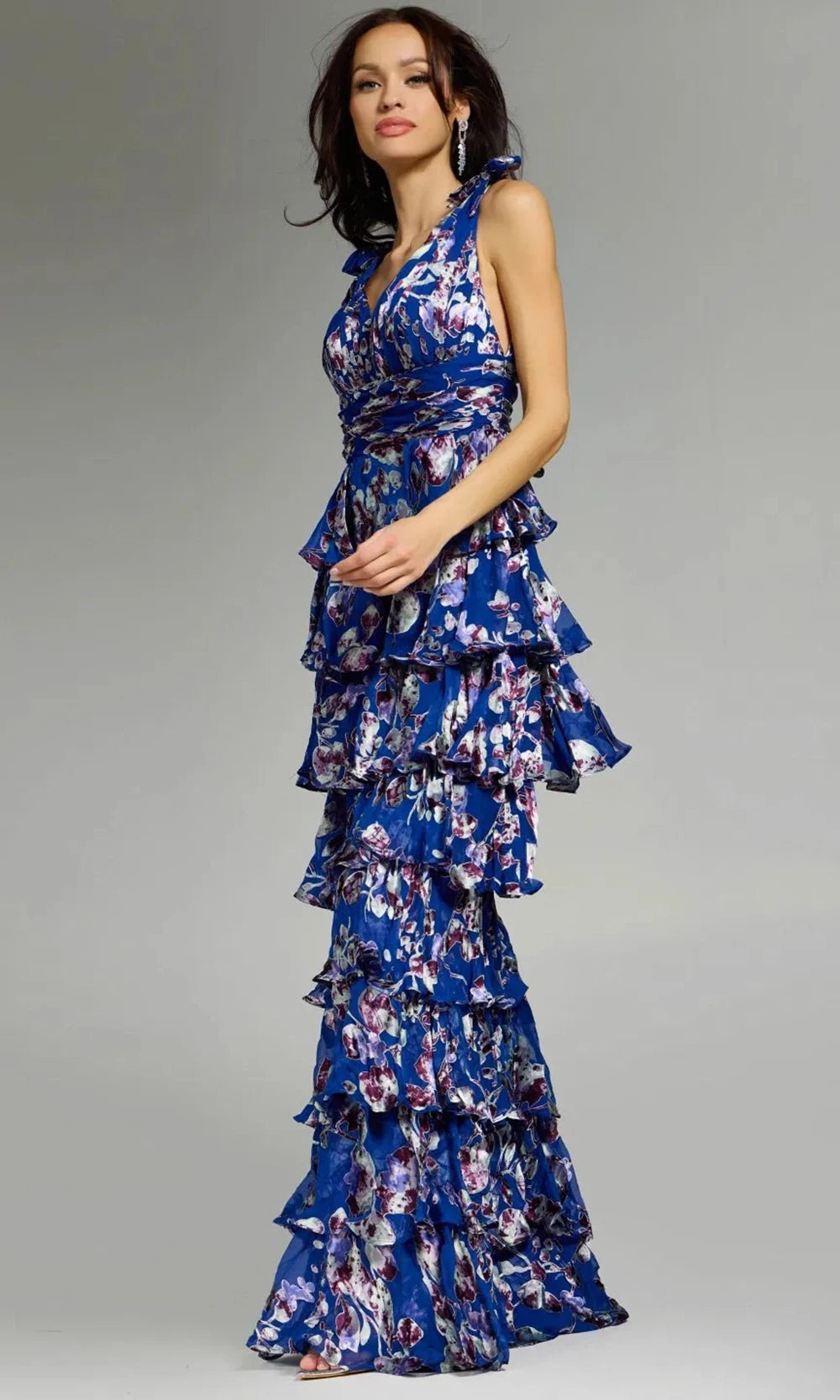 Jovani 42381 - Floral V-Neck Gown with Shoulder Ties - detail view