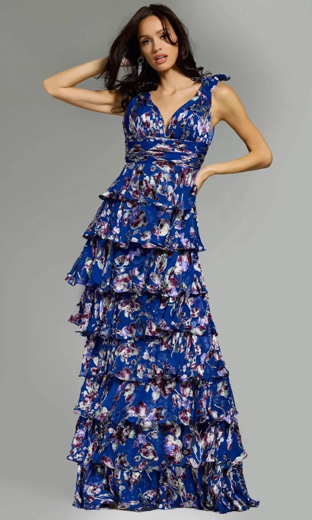 Jovani 42381 - Floral V-Neck Gown with Shoulder Ties - back view