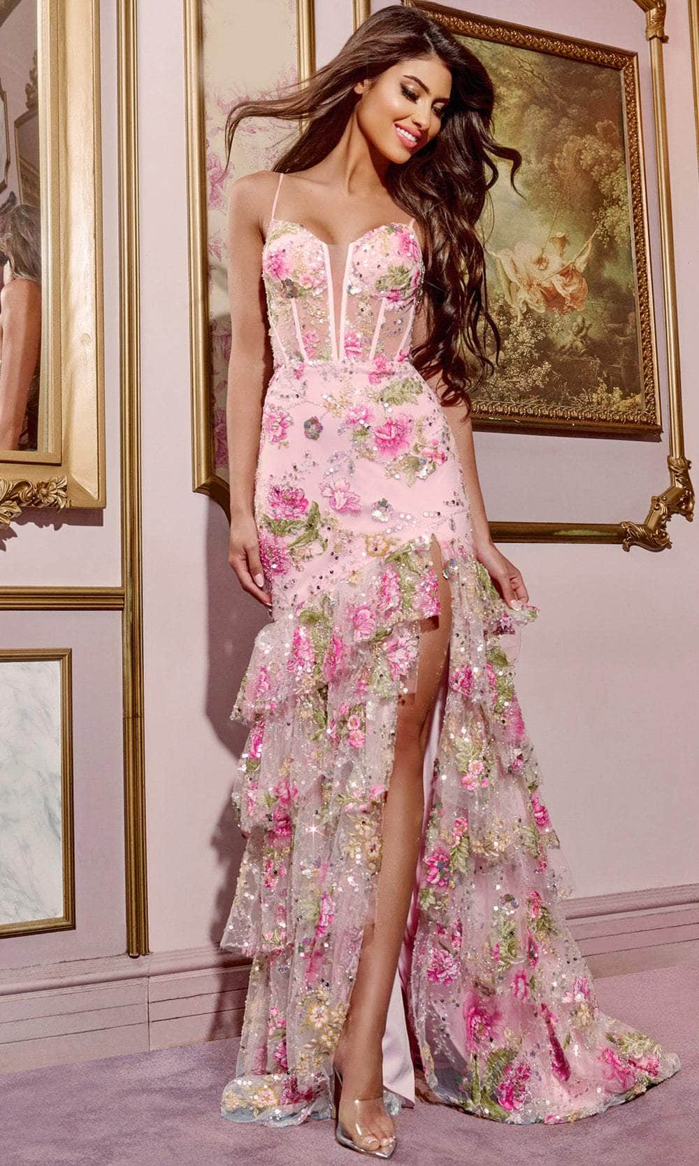 Jovani 43172 - Ruffled Detail Floral Printed Prom Gown - back view