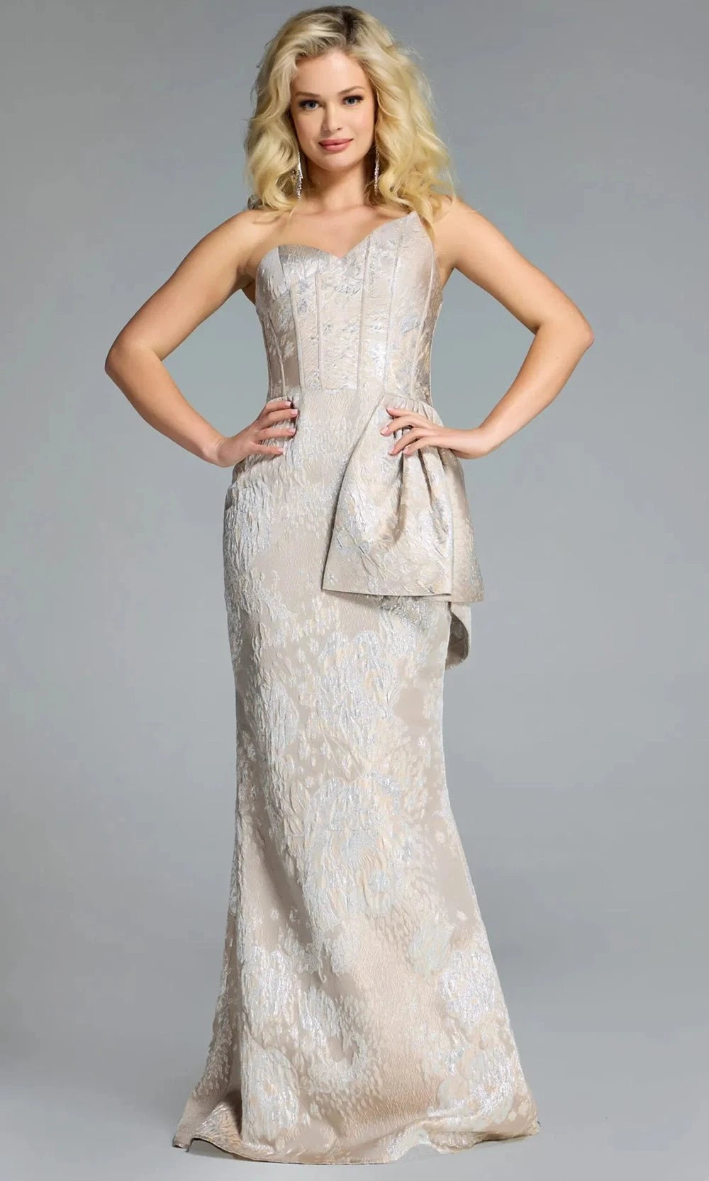 Jovani 43671 - Strapless Brocade Gown with Peplum Detail - designer evening gown at Silhouette Dresses
