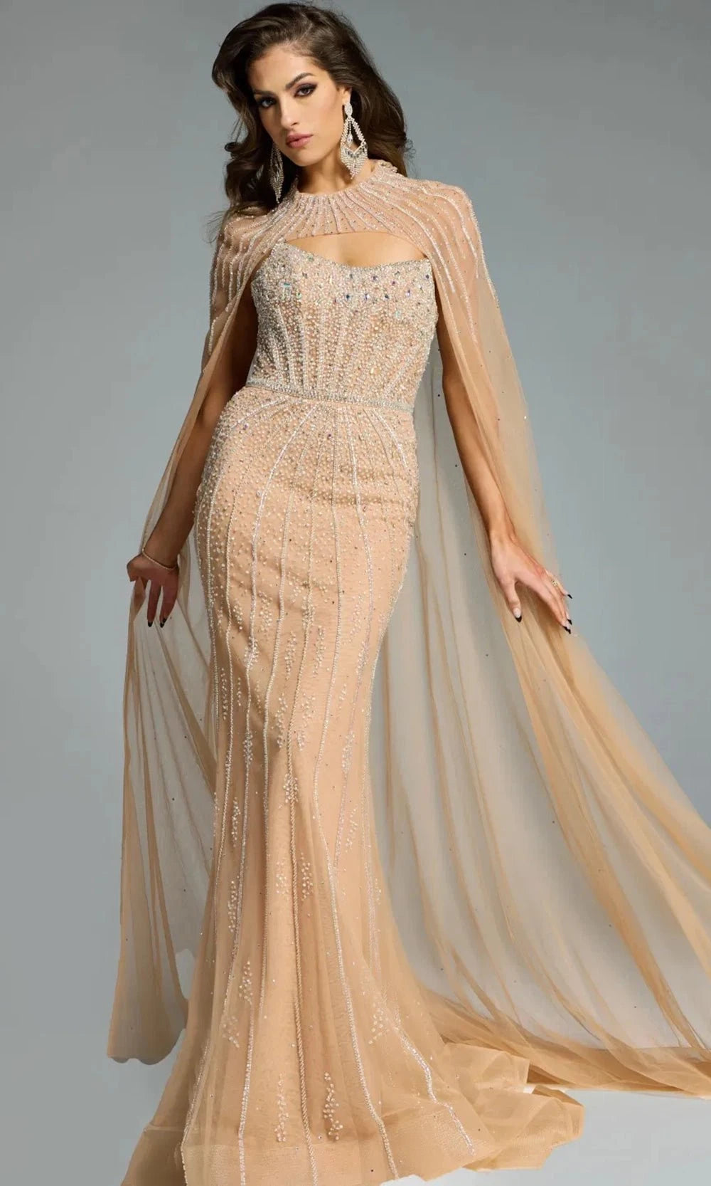 Jovani 45077 - Beaded Bodice High Neck Gown with Cape - designer prom dress at Silhouette Dresses