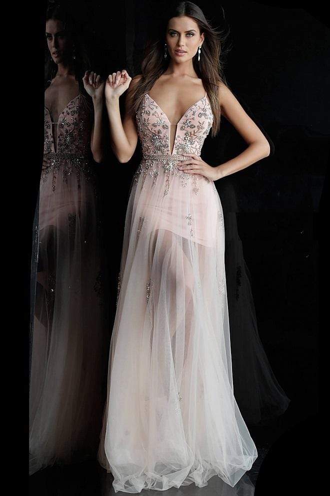 Jovani - 55621 Plunging Neckline Floral Embellished Tulle Dress - view 5