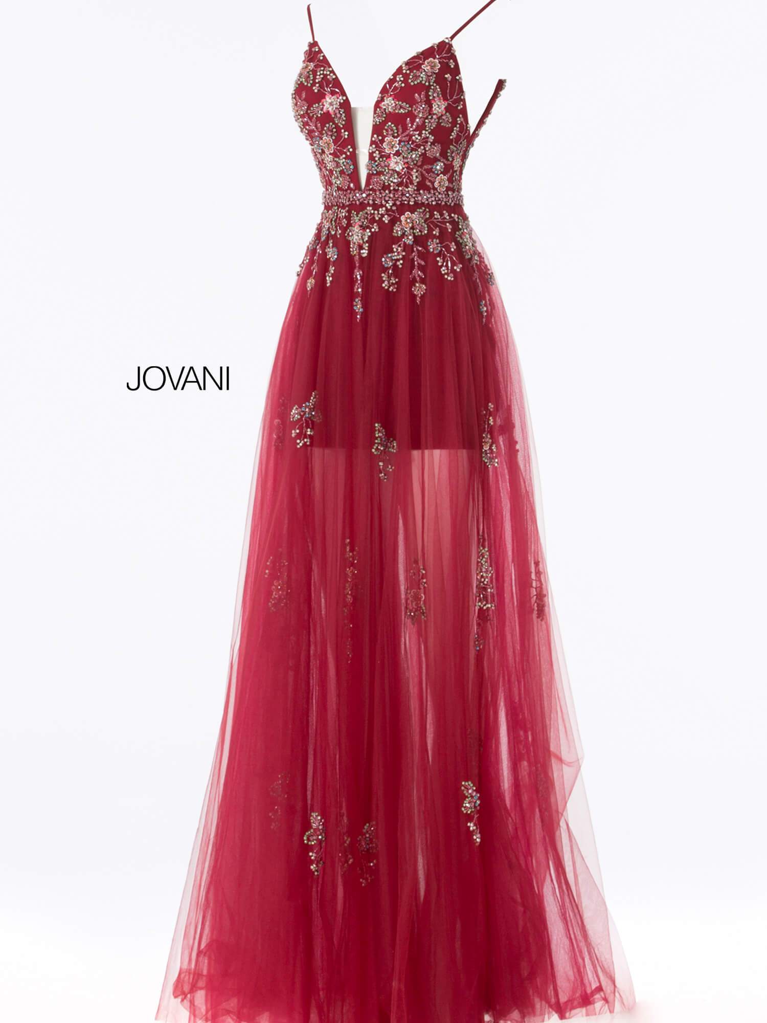 Jovani - 55621 Plunging Neckline Floral Embellished Tulle Dress - view 8
