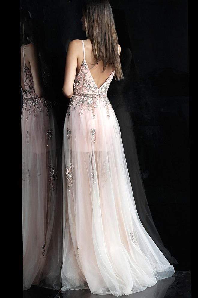 Jovani - 55621 Plunging Neckline Floral Embellished Tulle Dress - view 6