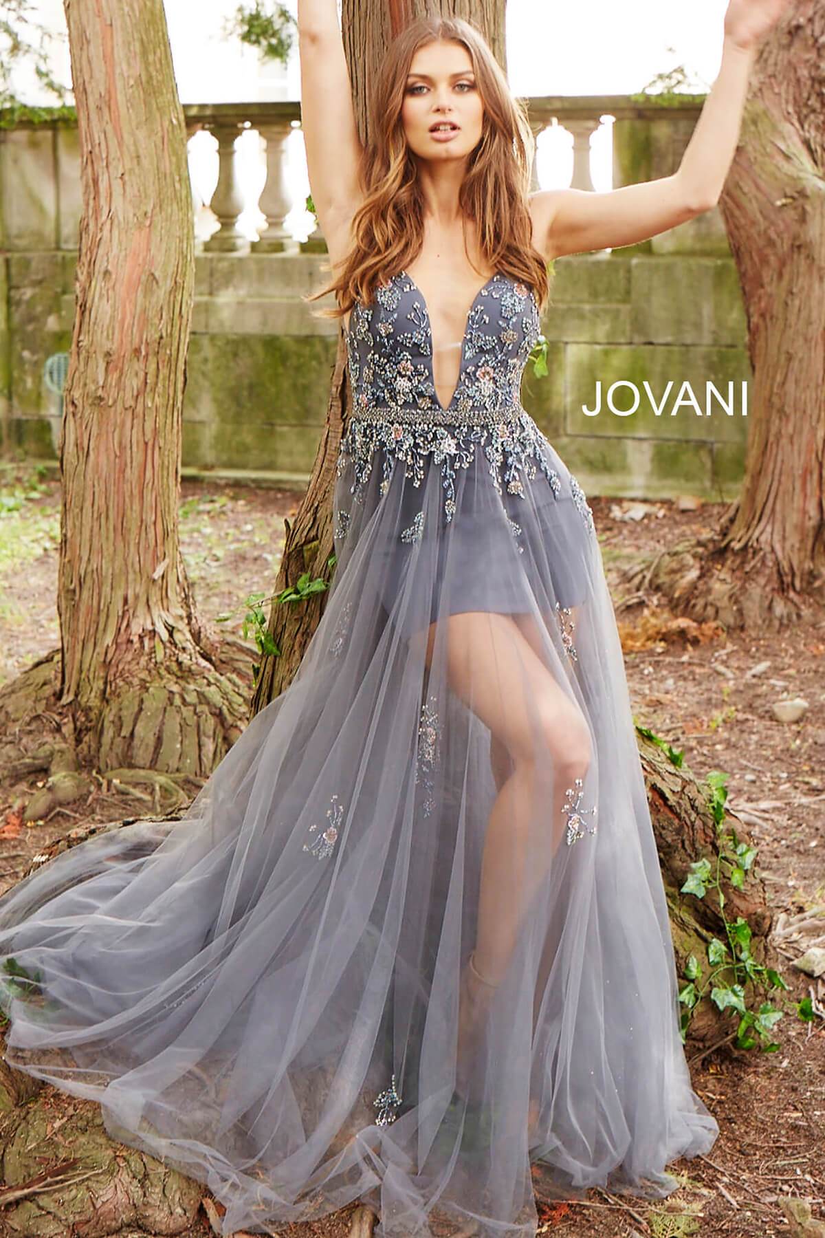 Jovani - 55621 Plunging Neckline Floral Embellished Tulle Dress - view 4