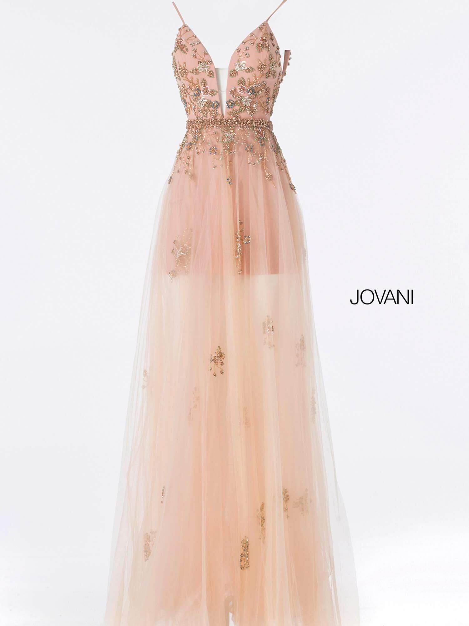 Jovani - 55621 Plunging Neckline Floral Embellished Tulle Dress - view 7
