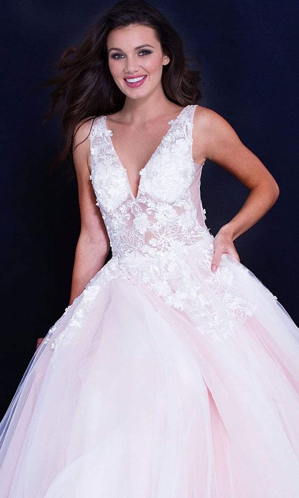 Jovani 55634 Sheer Floral Appliques Junior Prom V-Neck Ballgown - back view