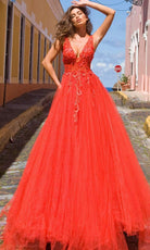 Jovani 55634 Sheer Floral Appliques Junior Prom V-Neck Ballgown - designer ball gown at Silhouette Dresses