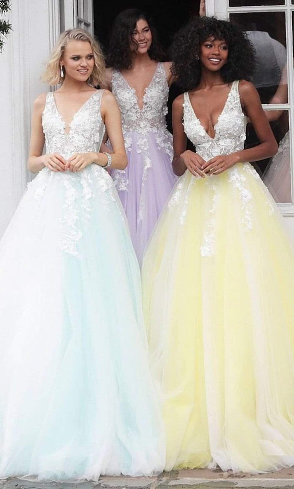 Jovani 55634 Sheer Floral Appliques Junior Prom V-Neck Ballgown - detail view