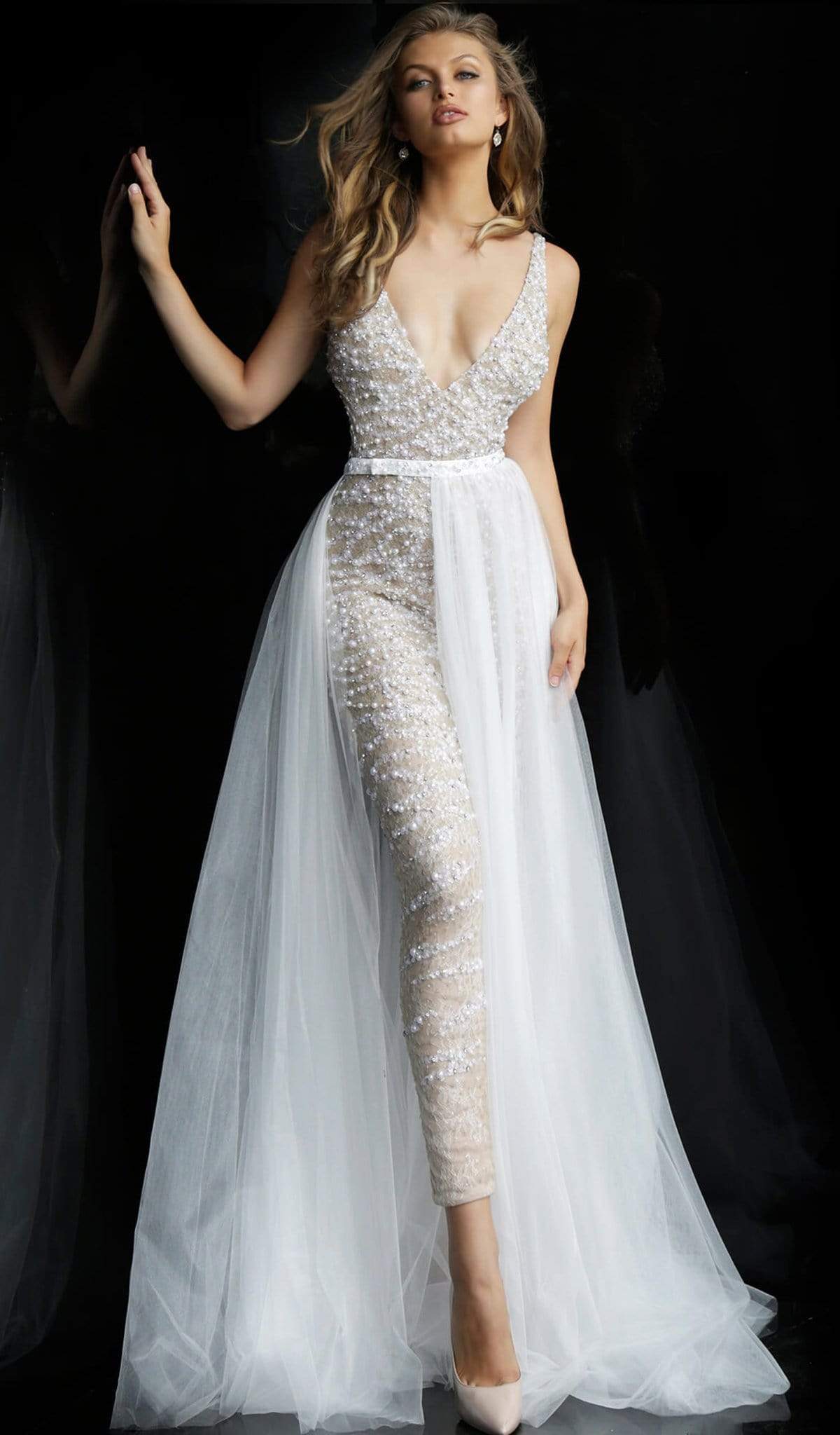 Jovani - 60010 Beaded Deep V-neck Jumpsuit With Tulle Overskirt - designer formal jumpsuit at Silhouette Dresses