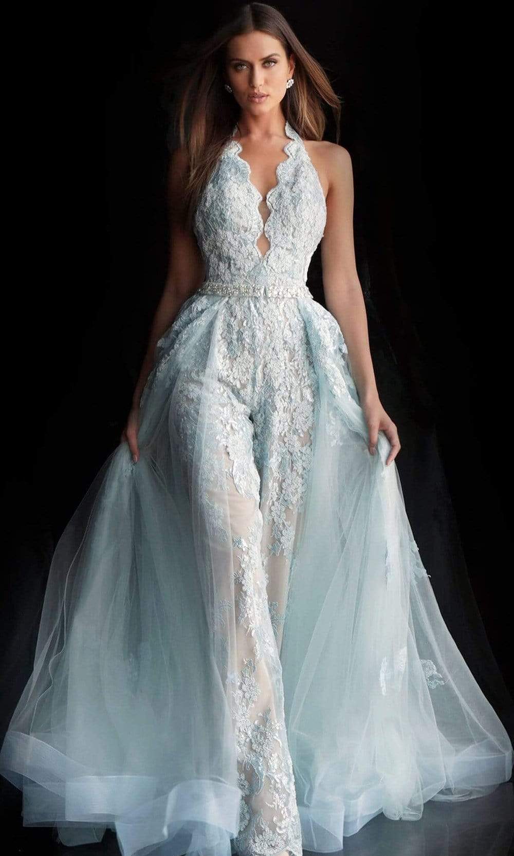 Jovani - 60124 Embellished Lace Halter V-neck Jumpsuit With Overskirt - view 9