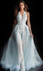 Jovani - 60124 Embellished Lace Halter V-neck Jumpsuit With Overskirt - view 9