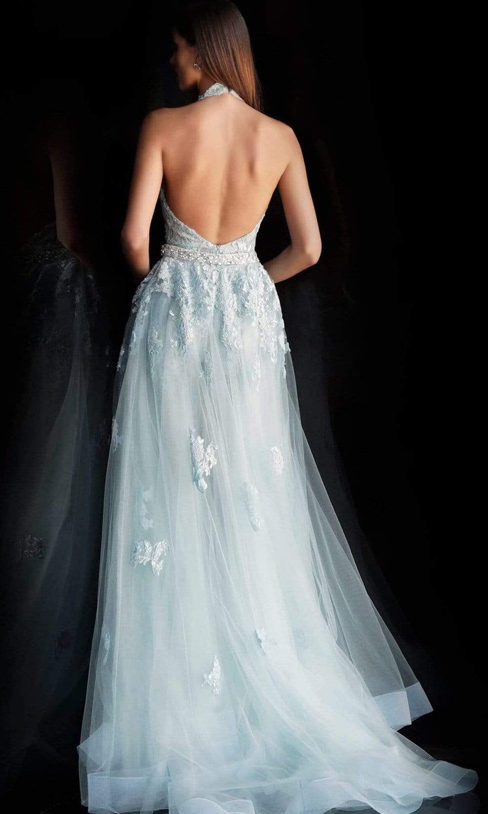 Jovani - 60124 Embellished Lace Halter V-neck Jumpsuit With Overskirt - back view