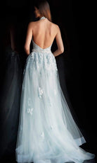 Jovani - 60124 Embellished Lace Halter V-neck Jumpsuit With Overskirt - back view