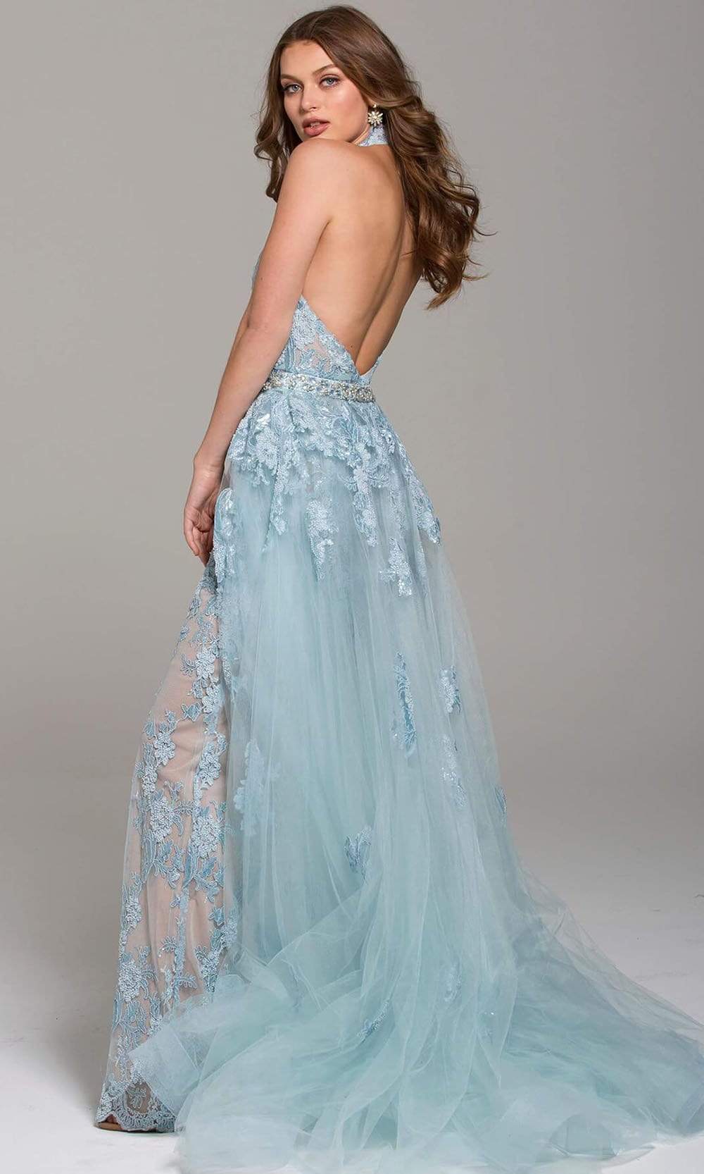 Jovani - 60124 Embellished Lace Halter V-neck Jumpsuit With Overskirt - view 6