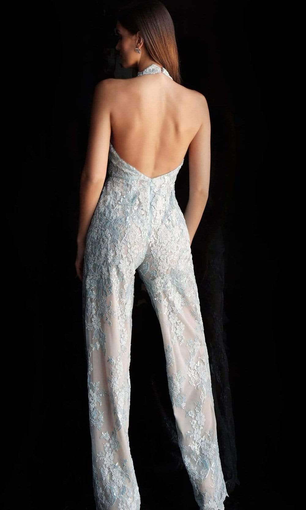 Jovani - 60124 Embellished Lace Halter V-neck Jumpsuit With Overskirt - view 4