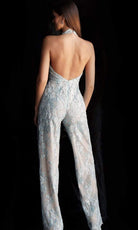 Jovani - 60124 Embellished Lace Halter V-neck Jumpsuit With Overskirt - view 4