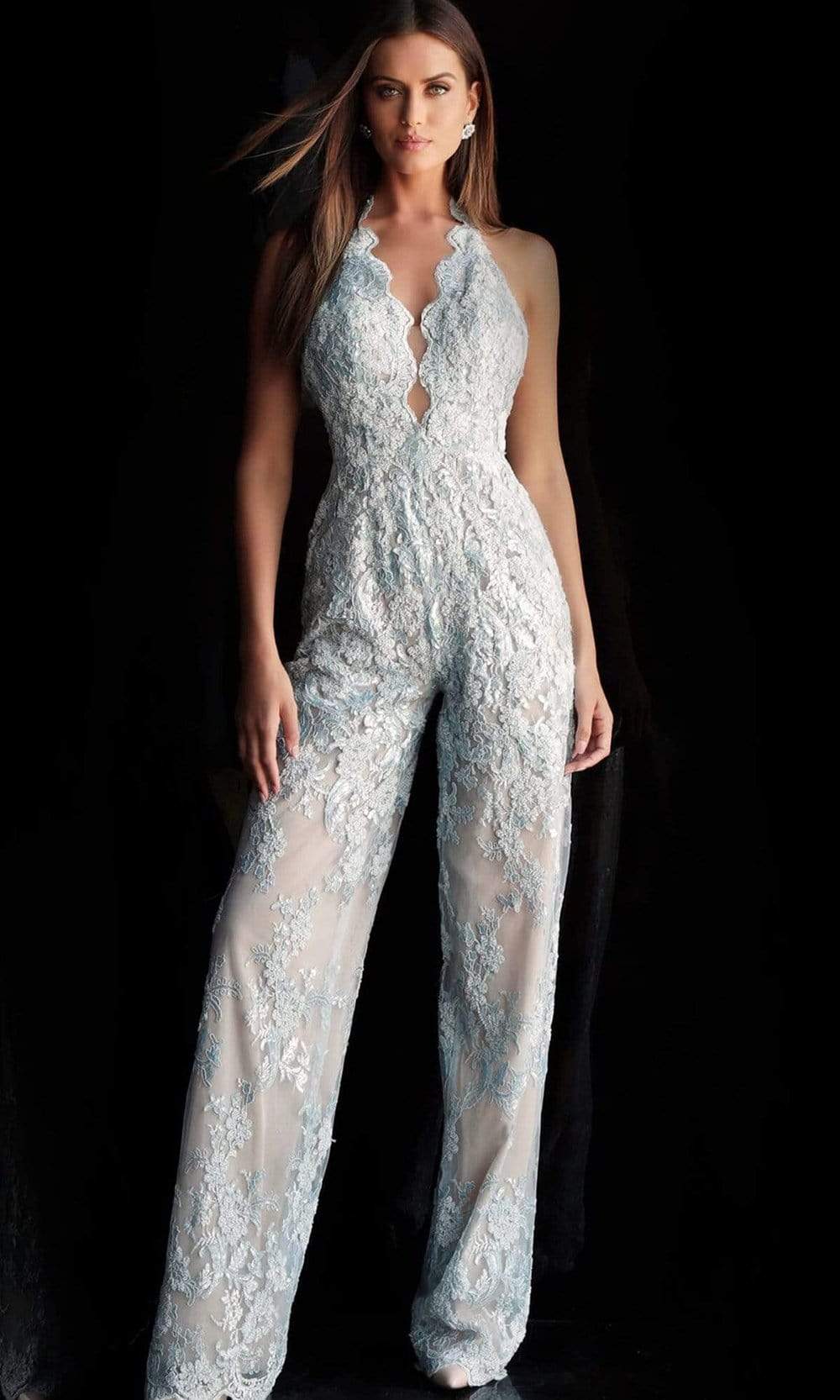 Jovani - 60124 Embellished Lace Halter V-neck Jumpsuit With Overskirt - detail view