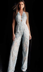 Jovani - 60124 Embellished Lace Halter V-neck Jumpsuit With Overskirt - detail view