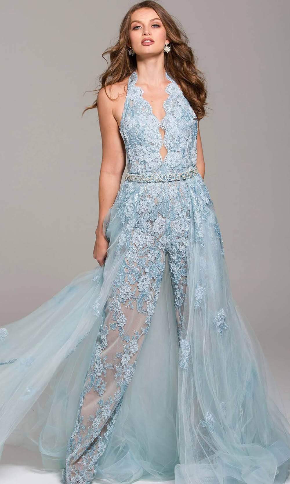 Jovani - 60124 Embellished Lace Halter V-neck Jumpsuit With Overskirt - view 5