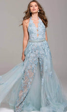 Jovani - 60124 Embellished Lace Halter V-neck Jumpsuit With Overskirt - view 5