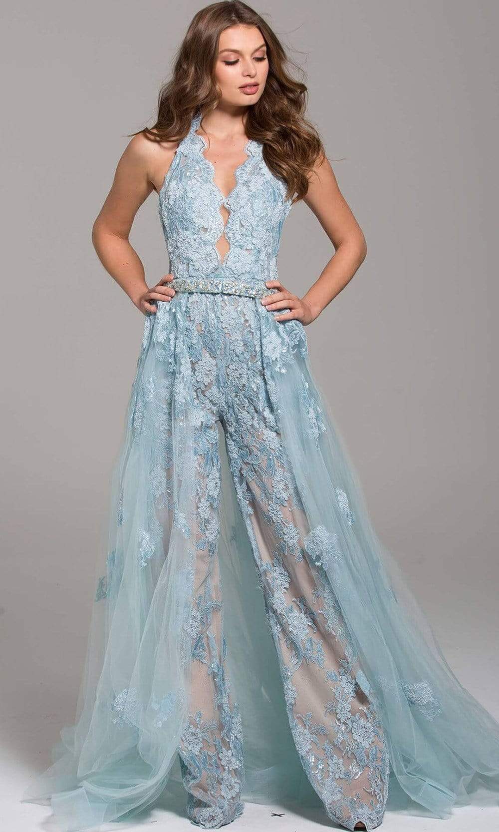 Jovani - 60124 Embellished Lace Halter V-neck Jumpsuit With Overskirt - view 7