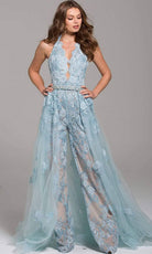 Jovani - 60124 Embellished Lace Halter V-neck Jumpsuit With Overskirt - view 7