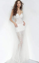 Jovani - 60695 Beaded Plunging V-neck Tulle Trumpet Dress - designer prom dress at Silhouette Dresses