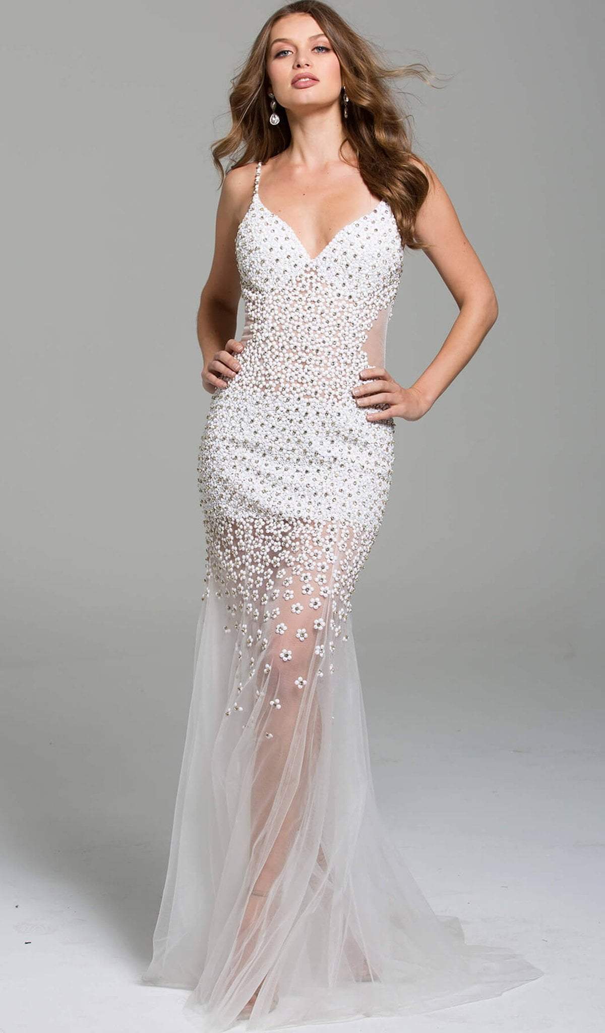 Jovani - 60695 Beaded Plunging V-neck Tulle Trumpet Dress - view 7